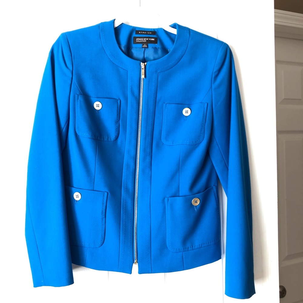 Bright blue stretch blazer.